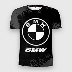 Футболка спортивная мужская BMW speed на темном фоне со следами шин, цвет: 3D-принт