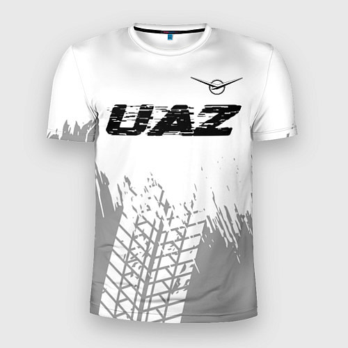 Мужская спорт-футболка UAZ speed на светлом фоне со следами шин: символ с / 3D-принт – фото 1