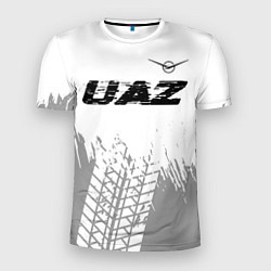 Мужская спорт-футболка UAZ speed на светлом фоне со следами шин: символ с