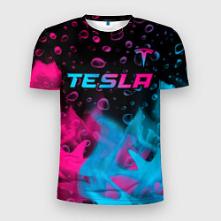 Мужская спорт-футболка Tesla - neon gradient: символ сверху