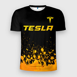 Мужская спорт-футболка Tesla - gold gradient: символ сверху
