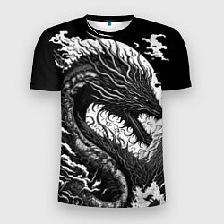 Мужская спорт-футболка Черно-белый дракон и волны