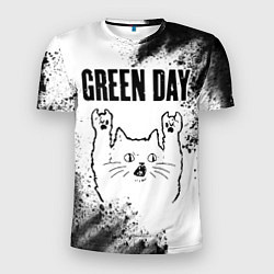 Мужская спорт-футболка Green Day рок кот на светлом фоне