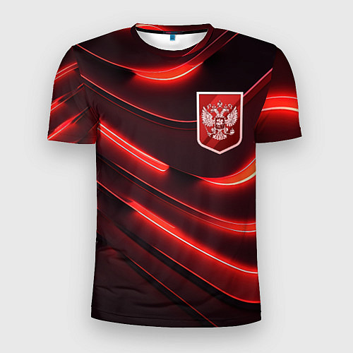 Мужская спорт-футболка Красный неоновый герб России / 3D-принт – фото 1