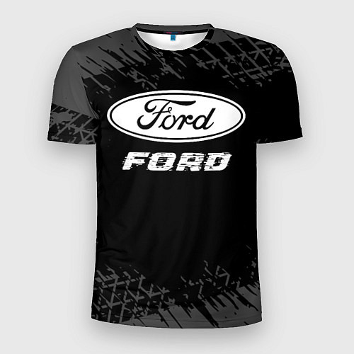 Мужская спорт-футболка Ford speed на темном фоне со следами шин / 3D-принт – фото 1
