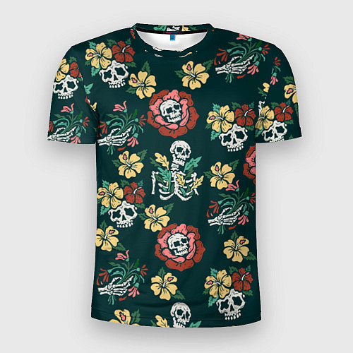 Мужская спорт-футболка Скелеты и черепа среди цветов / 3D-принт – фото 1