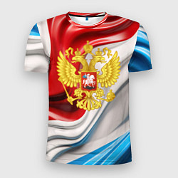 Футболка спортивная мужская Герб России на фоне флага, цвет: 3D-принт