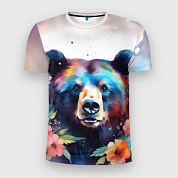 Мужская спорт-футболка Портрет медведя гризли с цветами акварелью