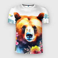 Мужская спорт-футболка Морда медведя гризли с цветами акварелью