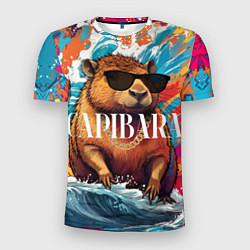 Мужская спорт-футболка Капибара в очках на красочных волнах