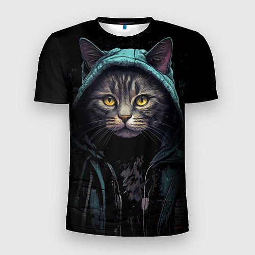 Мужская спорт-футболка Кот в капюшоне стиль киберпанк / 3D-принт – фото 1