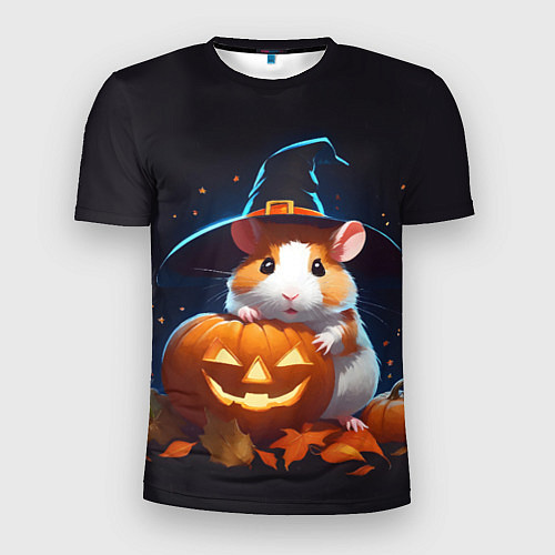 Мужская спорт-футболка Хомяк в шляпе ведьмы и тыква на Хэллоуин / 3D-принт – фото 1
