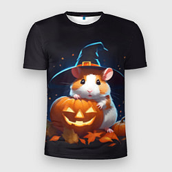 Мужская спорт-футболка Хомяк в шляпе ведьмы и тыква на Хэллоуин