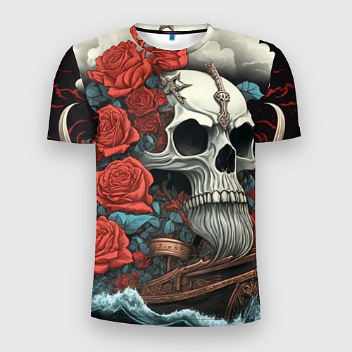 Мужская спорт-футболка Череп викинга на корабле с розами в стиле тату ире / 3D-принт – фото 1