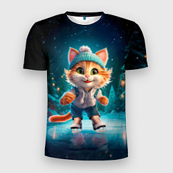 Мужская спорт-футболка Мультяшный котенок на коньках