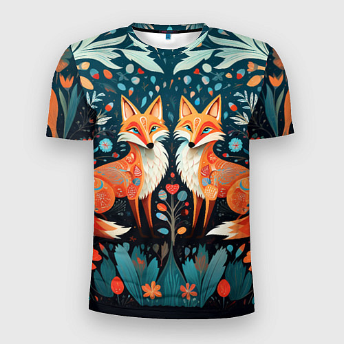 Мужская спорт-футболка Две лисички в стиле фолк арт / 3D-принт – фото 1