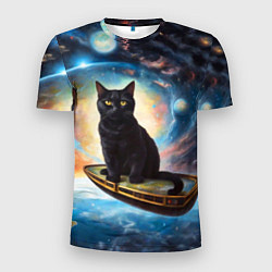 Мужская спорт-футболка Черный кот на космическом корабле летящий в космос