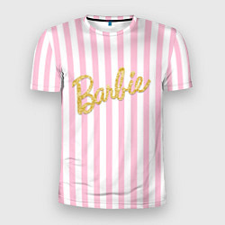 Мужская спорт-футболка Barbie - золотая надпись и бело-розовые полосы