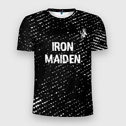 Мужская спорт-футболка Iron Maiden glitch на темном фоне: символ сверху