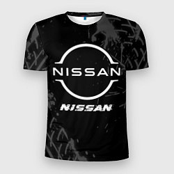 Футболка спортивная мужская Nissan speed на темном фоне со следами шин, цвет: 3D-принт