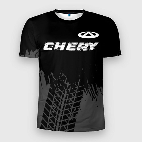 Мужская спорт-футболка Chery speed на темном фоне со следами шин: символ / 3D-принт – фото 1