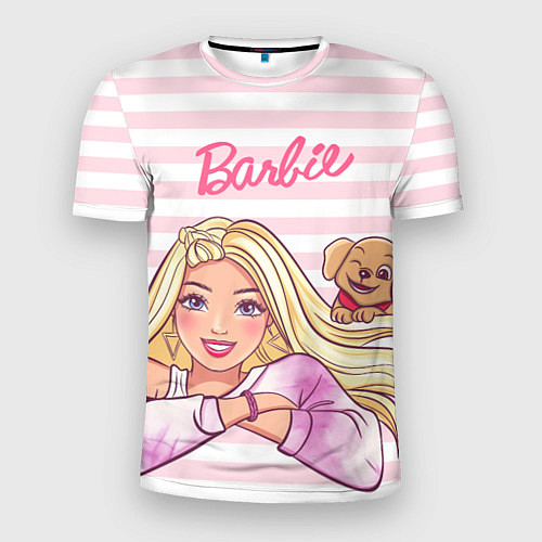 Мужская спорт-футболка Барби с щенком: розово-белая горизонтальная полоск / 3D-принт – фото 1