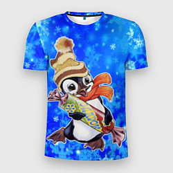 Мужская спорт-футболка Новогодний пингвин со снежинками