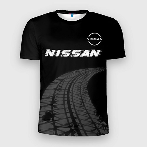 Мужская спорт-футболка Nissan speed на темном фоне со следами шин: символ / 3D-принт – фото 1