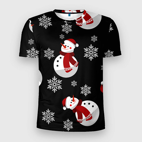 Мужская спорт-футболка Снеговички в зимних шапочках со снежинками / 3D-принт – фото 1