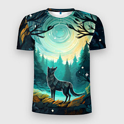 Мужская спорт-футболка Волк в ночном лесу фолк-арт
