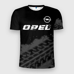 Мужская спорт-футболка Opel speed на темном фоне со следами шин: символ с