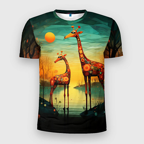 Мужская спорт-футболка Жирафы в стиле фолк-арт / 3D-принт – фото 1