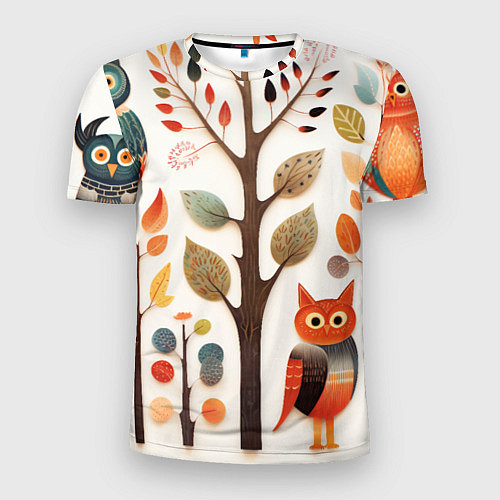 Мужская спорт-футболка Совы в осеннем лесу в стиле фолк-арт / 3D-принт – фото 1