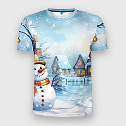 Мужская спорт-футболка Новогодний городок и снеговики