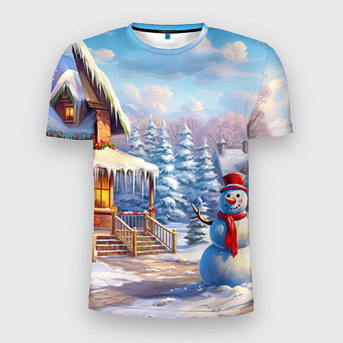 Мужская спорт-футболка Новогодняя деревня и снеговик / 3D-принт – фото 1