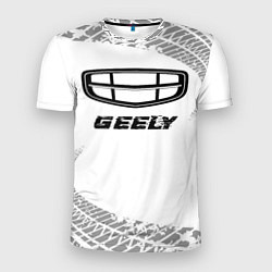 Мужская спорт-футболка Geely speed на светлом фоне со следами шин