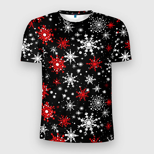 Мужская спорт-футболка Белые и красные снежинки на черном фоне - нейросет / 3D-принт – фото 1