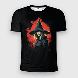 Футболка спортивная мужская Ведьма в шляпе кровавый фон, цвет: 3D-принт