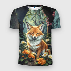 Мужская спорт-футболка Лисица в лесу в цветах