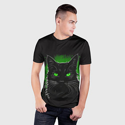 Футболка спортивная мужская Портрет черного кота в зеленом свечении, цвет: 3D-принт — фото 2