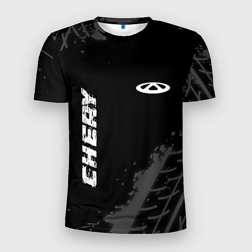 Мужская спорт-футболка Chery speed на темном фоне со следами шин вертикал / 3D-принт – фото 1
