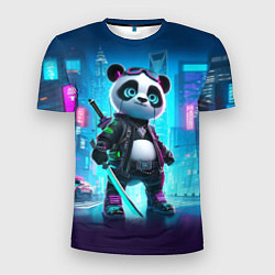 Мужская спорт-футболка Панда кибер самурай в ночном Нью-Йорке