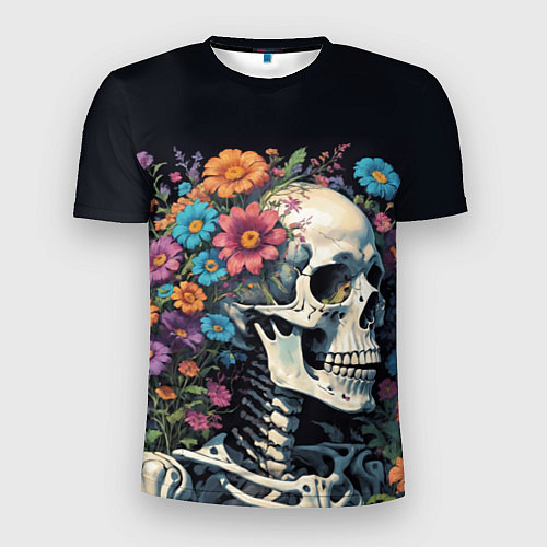 Мужская спорт-футболка Улыбающийся скелет среди цветов / 3D-принт – фото 1