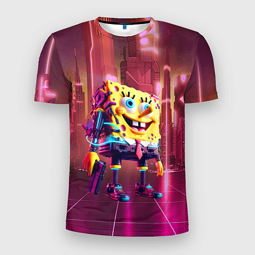 Мужская спорт-футболка Губка Боб с пистолетом в неоновом городе / 3D-принт – фото 1