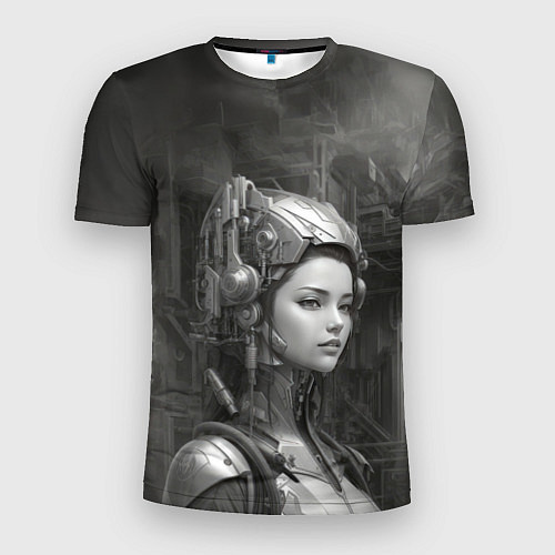 Мужская спорт-футболка Черно-белая иллюстрация девушки в шлеме / 3D-принт – фото 1