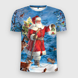 Мужская спорт-футболка Дед Мороз в лесу с животными