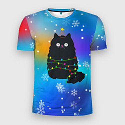 Мужская спорт-футболка Новогодний котик и снежинки