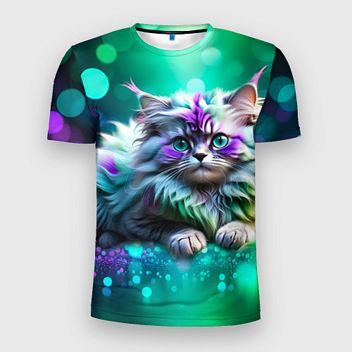 Мужская спорт-футболка Пушистый котенок в бирюзово фиолетовом боке / 3D-принт – фото 1