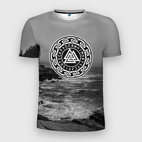 Мужская спорт-футболка Символика и холодные скалы у северного моря / 3D-принт – фото 1