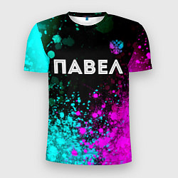 Мужская спорт-футболка Павел и неоновый герб России посередине